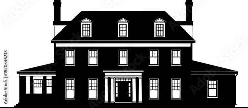 Neoclassical federal style house silhouette featuring a symmetrical facade and dormer windows