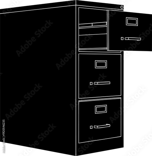 Office filing cabinet silhouette with one drawer open