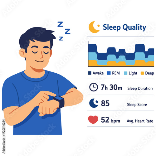 Asian male young adult tracking sleep cycle with smartwatch.