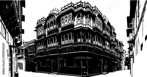 Ornate indian haveli building featuring traditional balconies and intricate architectural details