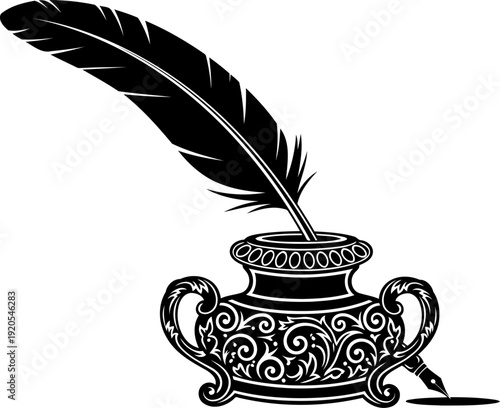 Ornate vintage inkwell and feather quill silhouette
