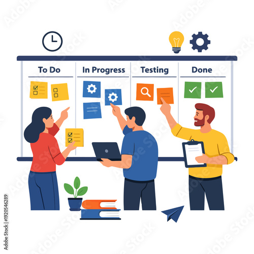 Diverse team collaborating on project management workflow with agile board.