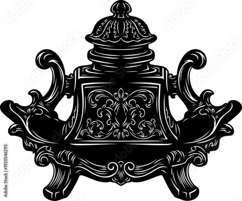 Ornate vintage inkwell silhouette featuring intricate baroque filigree patterns