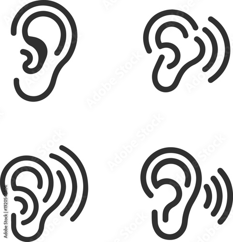 Simple black outline illustrations of ears, some showing sound waves, representing the sense of hearing and audio.