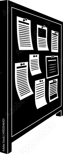 Perspective view of office cork bulletin board with pinned notes silhouette