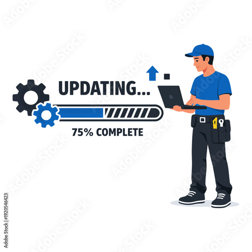 Male technician operating laptop for software update process illustration.