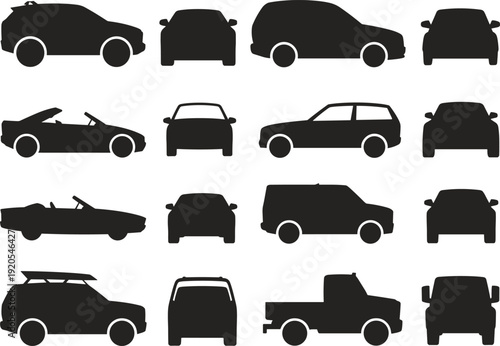 Car silhouette variety set, vehicles front and side views collection, transportation icons pack, flat vector illustration
