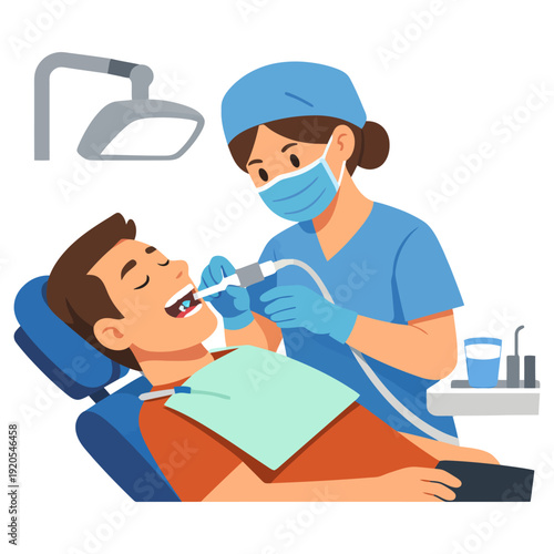 Female dentist treating young male asian patient in dental office with equipment.