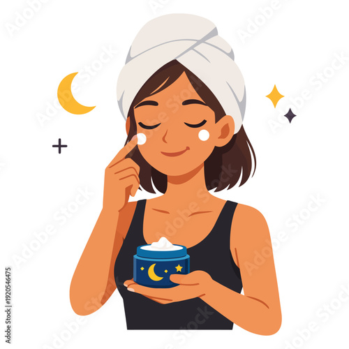 Hispanic female adult skincare routine with cream and towel.