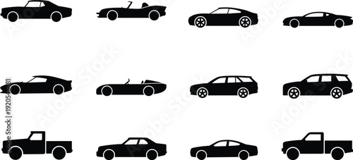Car silhouettes collection including sedan coupe convertible wagon SUV and pickup truck, automotive icons set, flat vector illustration