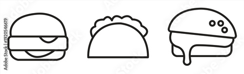 A collection of burger, hamburger, beefburger, and cheeseburger icons. Vector graphic illustrations. Suitable for websites, logos, apps, templates, and UI designs. EPS10 with a white background.