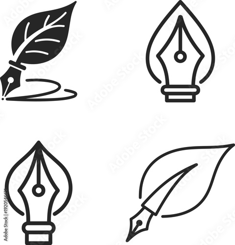 A collection of four distinct writing pen icons featuring quill pen and fountain pen designs with natural elements.