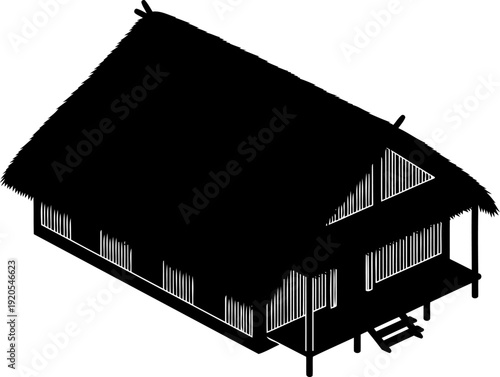 Simple thatched roof hut isometric outline of rural dwelling