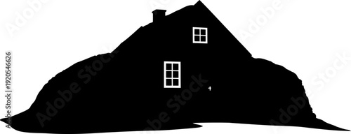 Small cottage silhouette nestled between rolling hills