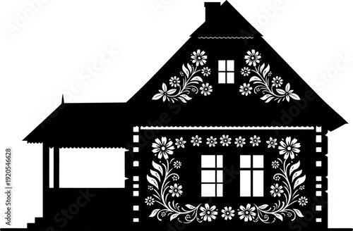 Slavic wooden cottage silhouette decorated with traditional floral folk art patterns