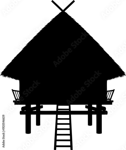 Small tropical hut silhouette on stilts with ladder