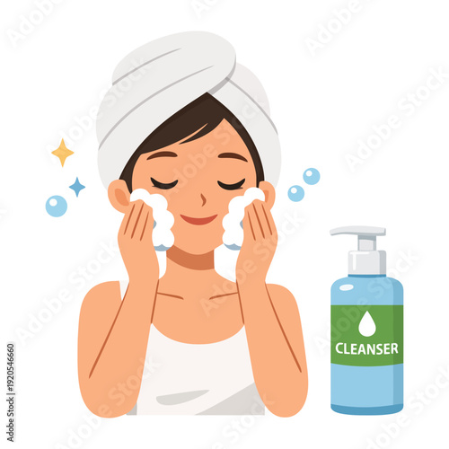 Asian female young skincare routine with cleanser and towel turban.