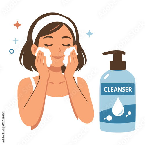 Young hispanic female using facial cleanser in skincare routine.