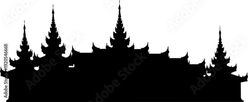 Southeast asian temple silhouette with multiple ornate spires and tiered roofs