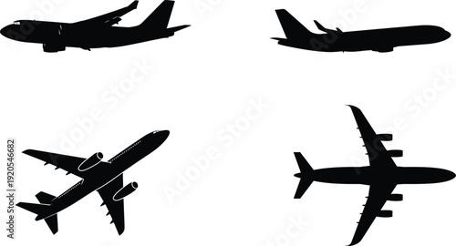 Four black silhouettes of airplanes in different flight positions