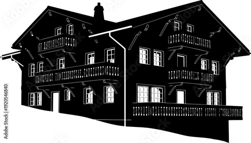 Traditional european mountain lodge silhouette with balconies