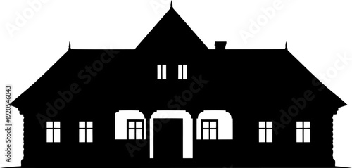 Traditional farmhouse silhouette with a steep roof and central chimney against a clear horizon