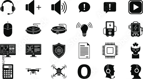 Technology icons set, headset with microphone, speaker sound, speech bubble, play button, robotic vacuum, light bulb signal, battery charger, drone camera, microchip design