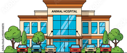 Veterinary clinic building with parking lot.