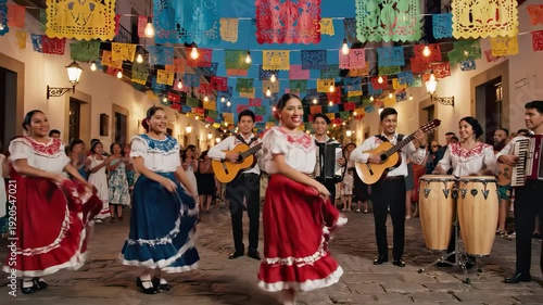 Mexican folkloric dancers performing the jarabe tapatío with a mariachi band during a lively street festival celebration with colorful papel picado decorations