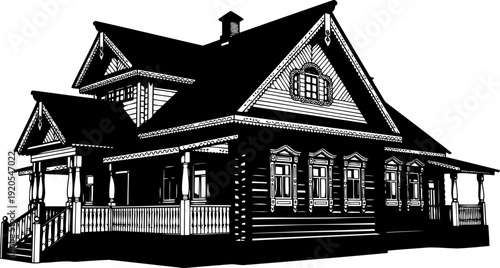 Traditional russian wooden house known as an izba with ornate window frames