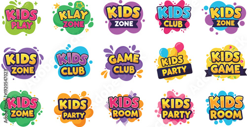Colorful Kids Zone and Play Area Logo Set with Fun Bubble Typography for Children Playground Entertainment Center Birthday Party Branding and Preschool Signs