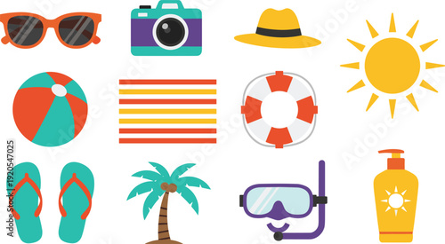 Flat Summer Beach Vacation Icon Set with Sunglasses Camera Sun Hat Palm Tree Lifebuoy Flip Flops and Snorkel Mask for Holiday Travel Design