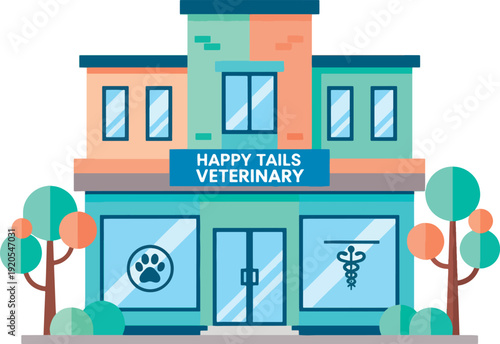 Veterinary clinic building with sign.