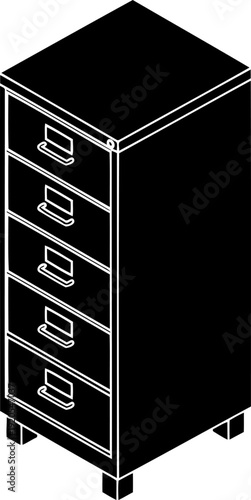 Vertical five drawer filing cabinet isometric outline for office use