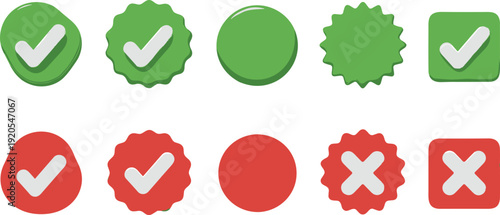 Green Check Mark and Red Cross Icon Set with Success and Error Symbols in Various Badge Shapes for UI UX Web Interface Design