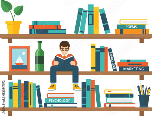 Man Reading Book on Library Bookshelf Vector Illustration with Psychology and Marketing Textbooks Potted Plant and Home Decor for Education Concept Design