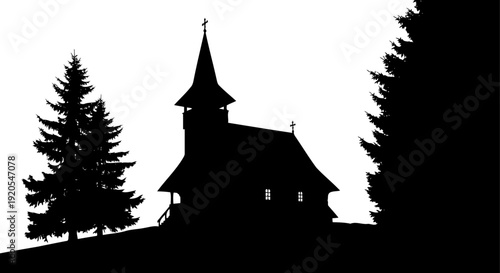 Woodland church silhouette surrounded by evergreen pine trees
