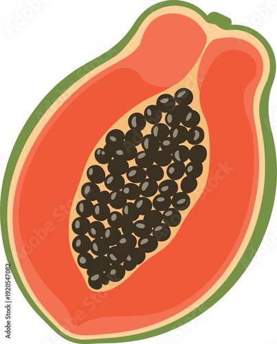 A halved papaya fruit with black seeds and orange flesh on a white background