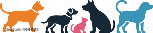 Dog and cat colorful silhouettes collection, domestic pets set isolated on white background, flat vector illustration
