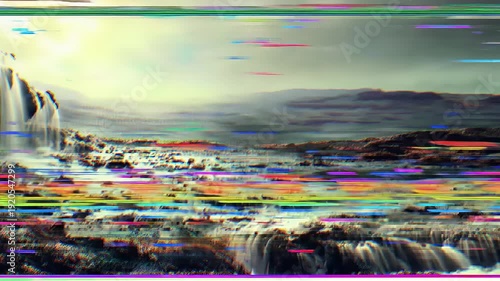Digital Artifact Landscape Distortion: Vibrant Glitch Art Waterfall Scene with Horizontal Pixel Smearing Effect