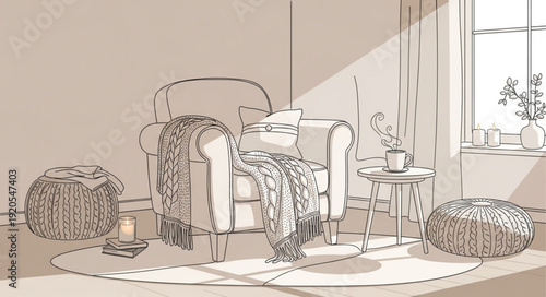 Cozy armchair with blanket and side table in sunlit room.