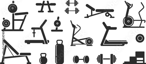 Fitness gym equipment silhouette icons set, treadmill dumbbell kettlebell machines collection, workout training symbols, flat vector illustration