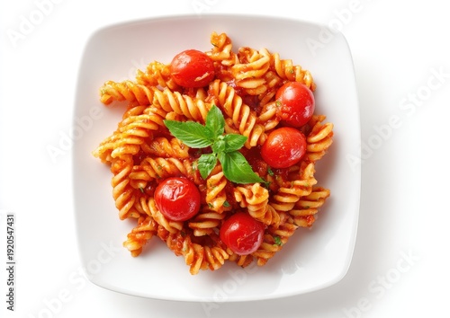 Plate of pasta with tomato sauce, cherry tomatoes, and basil on a white background