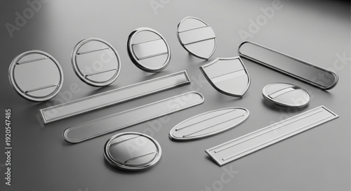 Collection of blank metal badges and plaques on a gray surface.