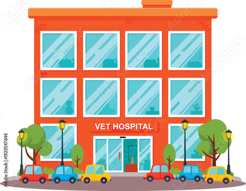 Veterinary hospital building with cars parked.