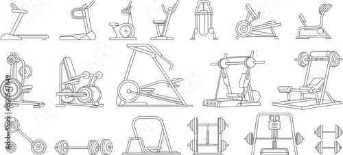 Fitness gym equipment outline collection, cardio machines and strength training devices, workout line icons set, flat vector illustration