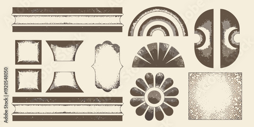 Architectural elements and decorative motifs in a vintage style illustration
