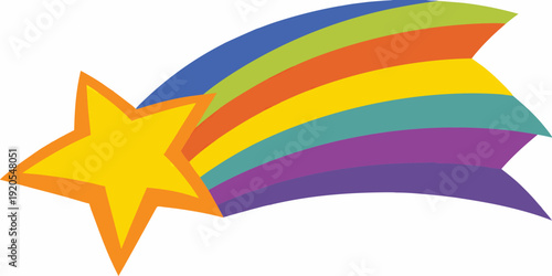 A vibrant shooting star with a rainbow trail streaks across a white background