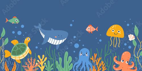 Colorful cartoon illustration of various sea creatures and underwater plants