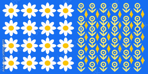 A repeating pattern of stylized flowers and diamond shapes on blue